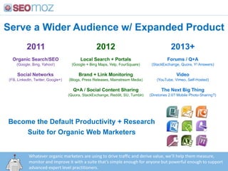 Serve a Wider Audience w/ Expanded Product<br />Become the Default Productivity + Research Suite for Organic Web Marketers...