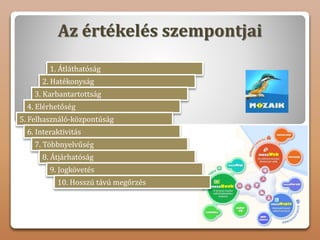 Az értékelés szempontjai
1. Átláthatóság
2. Hatékonyság
3. Karbantartottság
4. Elérhetőség
5. Felhasználó-központúság
6. Interaktivitás
7. Többnyelvűség
8. Átjárhatóság
9. Jogkövetés
10. Hosszú távú megőrzés
 