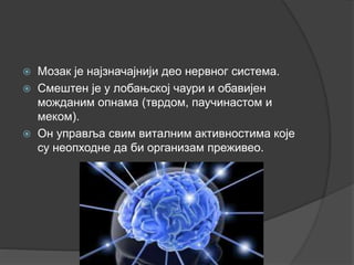  Мозак је најзначајнији део нервног система.
 Смештен је у лобањској чаури и обавијен
можданим опнама (тврдом, паучинастом и
меком).
 Он управља свим виталним активностима које
су неопходне да би организам преживео.
 