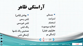 ‫کلیات‬‫تحقیق‬ ‫روش‬‫تحلیل‬ ‫و‬ ‫تجزیه‬‫گیری‬ ‫نتیجه‬‫پیشنهادات‬ ‫تحقی‬ ‫پیشینه‬‫ق‬
1
5
25|
‫ظاهر‬ ‫آراستگي‬
‫جسماني‬
‫استراحت‬
‫استحمام‬
‫سروصورت‬ ‫اصالح‬
‫عطر‬(‫خوش‬ ‫بوي‬)
‫مو‬ ‫آراستگي‬
‫پوشش‬(‫لباس‬)
‫رسمي‬ ‫لباس‬
‫غيررسمي‬ ‫لباس‬
‫لباس‬ ‫رنگ‬
‫لباسها‬ ‫رنگ‬ ‫همنشيني‬
‫لباس‬ ‫آراستگي‬
 