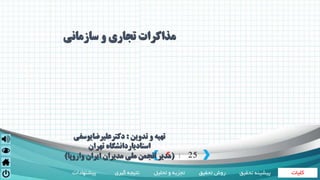 ‫کلیات‬‫تحقیق‬ ‫روش‬‫تحلیل‬ ‫و‬ ‫تجزیه‬‫گیری‬ ‫نتیجه‬‫پیشنهادات‬ ‫تحقی‬ ‫پیشینه‬‫ق‬
5 25|
‫سازماني‬ ‫و‬ ‫تجاري‬ ‫مذاكرات‬
‫تدوين‬ ‫و‬ ‫تهيه‬:‫دكترعليرضايوسفي‬
‫تهران‬ ‫استادياردانشگاه‬
(‫واروپا‬ ‫ايران‬ ‫مديران‬ ‫ملي‬ ‫انجمن‬ ‫مدير‬)
 