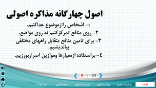 ‫کلیات‬‫تحقیق‬ ‫روش‬‫تحلیل‬ ‫و‬ ‫تجزیه‬‫گیری‬ ‫نتیجه‬‫پیشنهادات‬ ‫تحقی‬ ‫پیشینه‬‫ق‬
9 25|
‫چهارگانه‬ ‫اصول‬‫اصولي‬ ‫مذاکره‬
1-‫جداكنيم‬ ‫راازموضوع‬ ‫اشخاص‬.
2-‫مواضع‬ ‫روي‬ ‫نه‬ ‫تمركزكنيم‬ ‫منافع‬ ‫روي‬.
3-‫مختلفي‬ ‫راههاي‬ ‫متقابل‬ ‫منافع‬ ‫تامين‬ ‫براي‬
‫بيانديشيم‬.
4-‫اصراربورزيم‬ ‫وموازين‬ ‫ازمعيارها‬ ‫براستفاده‬.
 