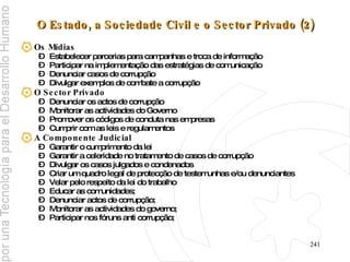 O Estado, a Sociedade Civil e o Sector Privado (2) Os Mídias Estabelecer parcerias para campanhas e troca de informação Participar na implementação das estratégias de comunicação Denunciar casos de corrupção Divulgar exemplos de combate a corrupção O Sector Privado  Denunciar os actos de corrupção Monitorar as actividades do Governo Promover os códigos de conduta nas empresas Cumprir com as leis e regulamentos A Componente Judicial Garantir o cumprimento da lei Garantir a celeridade no tratamento de casos de corrupção Divulgar os casos julgados e condenados Criar um quadro legal de protecção de testemunhas e/ou denunciantes Velar pelo respeito da lei do trabalho Educar as comunidades; Denunciar actos de corrupção;  Monitorar as actividades do governo; Participar nos fóruns anti corrupção; 