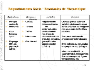 Enquadramento Sócio - Económico de Moçambique Oferece grande potencial  turístico, destacando-se as  zonas propícias ao mergulho  nos seus mais de 2 mil km  de litoral; Parques e reservas de  animais no interior do país; Ilhas isoladas ou agrupadas  em pequenos arquipélagos; Monumentos históricos  (assinalando a passagem de  árabes e europeus), águas  transparentes, etc. Regista-se um  desenvolvimento no  sector industrial,  principalmente  nas áreas de  processamento de  produtos agrícolas,  (para além dos  têxteis e sector  químico) Carvão ,  Tântalo ,  Titânio Mármore e  Gás Natural Principal sector da  economia  Com Maiores  inputs   Emprega 90% da  população activa) Turismo Indústria Recursos Naturais Agricultura 