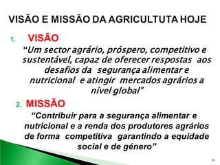 1.         VISÃO
          “Um sector agrário, próspero, competitivo e
      sustentável, capaz de oferecer respostas aos
...