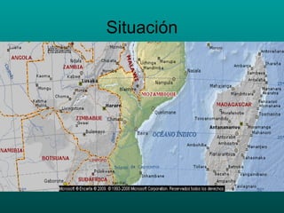 Situación Mozambique se sitúa al sureste de África. Tiene una superficie total de 799.380 km2. 