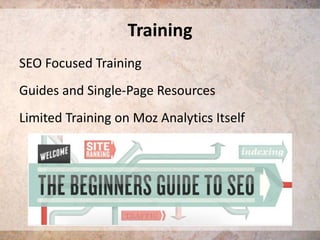 Training
SEO Focused Training
Guides and Single-Page Resources

Limited Training on Moz Analytics Itself

 