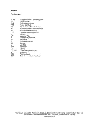 Anhang

Abkürzungen


ECTS      European Credit Transfer System
EP        Einzelprüfung
ErgP      Ergänzungsprüfung
FWF       Freies Wahlfach
KE        Künstlerischer Einzelunterricht
KG        Künstlerischer Gruppenunterricht
KP        Kommissionelle Prüfung
LVP       Lehrveranstaltungsprüfung
m         mündlich
MA        Master of Arts
p         künstlerisch-praktisch
PF        Pflichtfach
PI        Prüfungsimmanenz
SE        Seminar
s         schriftlich
Sem       Semester
UE        Übung
UG 2002   Universitätsgesetz 2002
VO        Vorlesung
WSt       Wochenstunde
ZKF       Zentrales künstlerisches Fach




     Curriculum Universität Mozarteum Salzburg, Bachelorstudium Gesang, Masterstudium Oper und
                Musiktheater, Masterstudium Lied und Oratorium, Masterstudium Gesang
                                           Seite 25 von 25
 