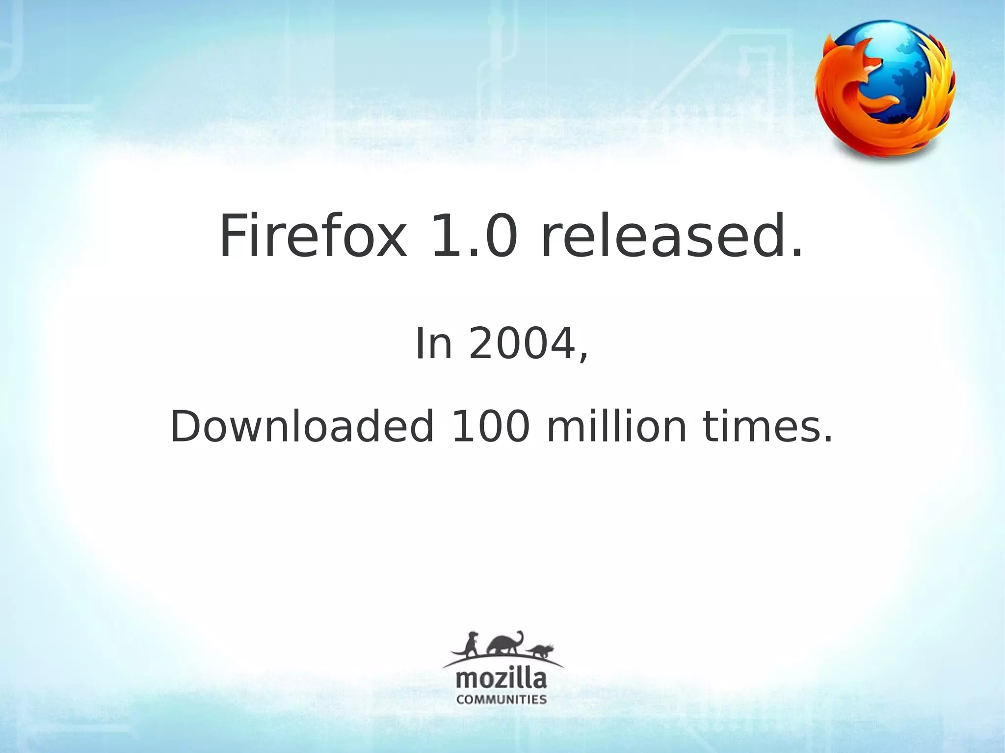 Firefox 1.0 released.
          In 2004,
Downloaded 100 million times.
 