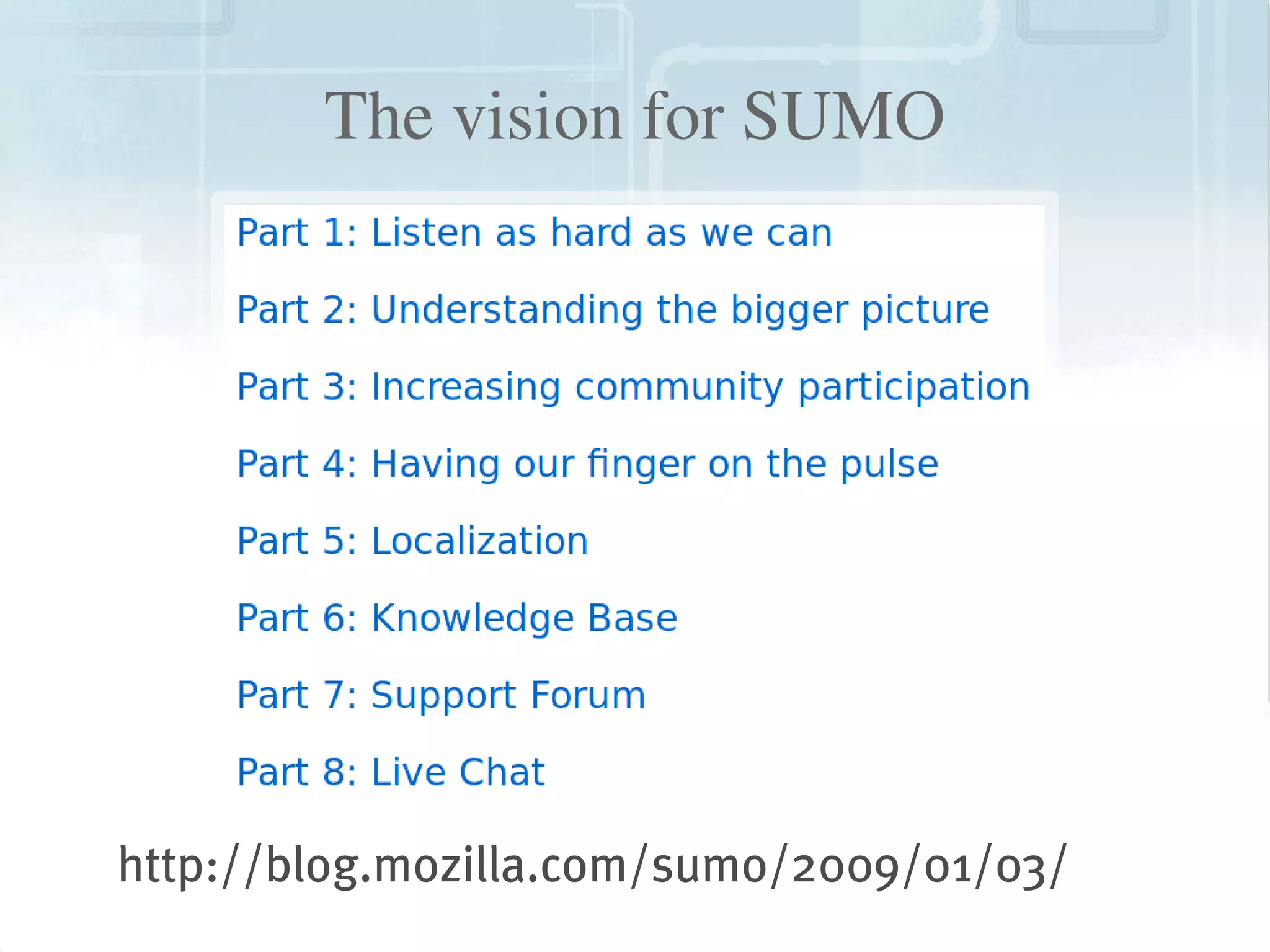 The vision for SUMO




    http://blog.mozilla.com/sumo/2009/01/03/
                            
 