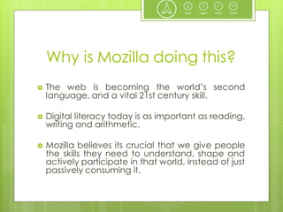 Why is Mozilla doing this?
   The web is becoming the world’s second
    language, and a vital 21st century skill.

   Digital literacy today is as important as reading,
    writing and arithmetic.

   Mozilla believes its crucial that we give people
    the skills they need to understand, shape and
    actively participate in that world, instead of just
    passively consuming it.
 