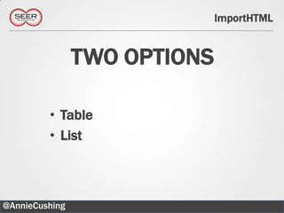 ImportHTML


                TWO OPTIONS

         • Table
         • List



@AnnieCushing                         11
 