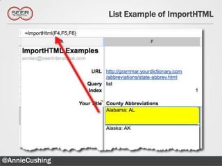 List Example of ImportHTML




@AnnieCushing                          14
 
