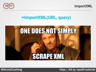 ImportXML


            =ImportXML(URL, query)




@AnnieCushing               http://bit.ly/xpath-tutorial
 
