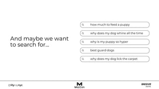 And maybe we want
to search for…
how much to feed a puppy
why does my dog whine all the time
why is my puppy so hyper
best guard dogs
why does my dog lick the carpet
 
