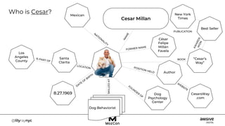 César
Felipe
Millán
Favela
Author
Dog
Psychology
Center
Dog Behaviorist
CesarsWay
.com
Mexican
Santa
Clarita
Los
Angeles
County
8.27.1969
SKILLED
AT
“Cesar’s
Way”
New York
Times
PUBLICATION
Who is Cesar?
Best Seller
Cesar Millan
 