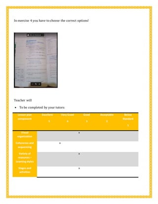 In exercise 4 you have to choose the correct options!
Teacher will
 To be completed by your tutors:
Lesson plan
component
Excellent
5
Very Good
4
Good
3
Acceptable
2
Below
Standard
1
Visual
organization
x
Coherence and
sequencing
x
Variety of
resources –
Learning styles
x
Stages and
activities
x
 