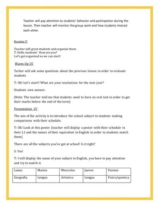 Teacher will pay attention to students’ behavior and participation during the
lesson. Then teacher will monitor the group work and how students interact
each other.
Routine 5’
Teacher will greet students and organize them.
T: Hello students! How are you?
Let’s get organized so we can start!
Warm Up 15’
Techer will ask some questions about the previous lesson in order to evaluate
students
T: Ok! Let’s start!! What are your resolutions for the next year?
Students own answer.
(Note: The teacher told me that students need to have an oral test in order to get
their marks before the end of the term)
Presentation 15’
The aim of the activity is to introduce the school subject to students making
comparisons with their schedule.
T: Ok! Look at this poster (teacher will display a poster with their schedule in
their L1 and the names of their equivalent in English in order to students match
them)
There are all the subjects you’ve got at school! Is it right?
S: Yes!
T: I will display the name of your subject in English, you have to pay attention
and try to match it.
Lunes Martes Miercoles Jueves Viernes
Geografia Lengua Artistica Lengua Fisico/quimica
 
