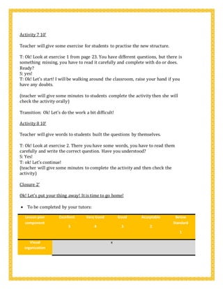 Activity 7 10’
Teacher will give some exercise for students to practise the new structure.
T: Ok! Look at exercise 1 from page 23. You have different questions, but there is
something missing, you have to read it carefully and complete with do or does.
Ready?
S: yes!
T: Ok! Let’s start! I will be walking around the classroom, raise your hand if you
have any doubts.
(teacher will give some minutes to students complete the activity then she will
check the activity orally)
Transition: Ok! Let’s do the work a bit difficult!
Activity 8 10’
Teacher will give words to students built the questions by themselves.
T: Ok! Look at exercise 2. There you have some words, you have to read them
carefully and write the correct question. Have you understood?
S: Yes!
T: ok! Let’s continue!
(teacher will give some minutes to complete the activity and then check the
activity)
Closure 2’
Ok! Let’s put your thing away! It is time to go home!
 To be completed by your tutors:
Lesson plan
component
Excellent
5
Very Good
4
Good
3
Acceptable
2
Below
Standard
1
Visual
organization
x
 