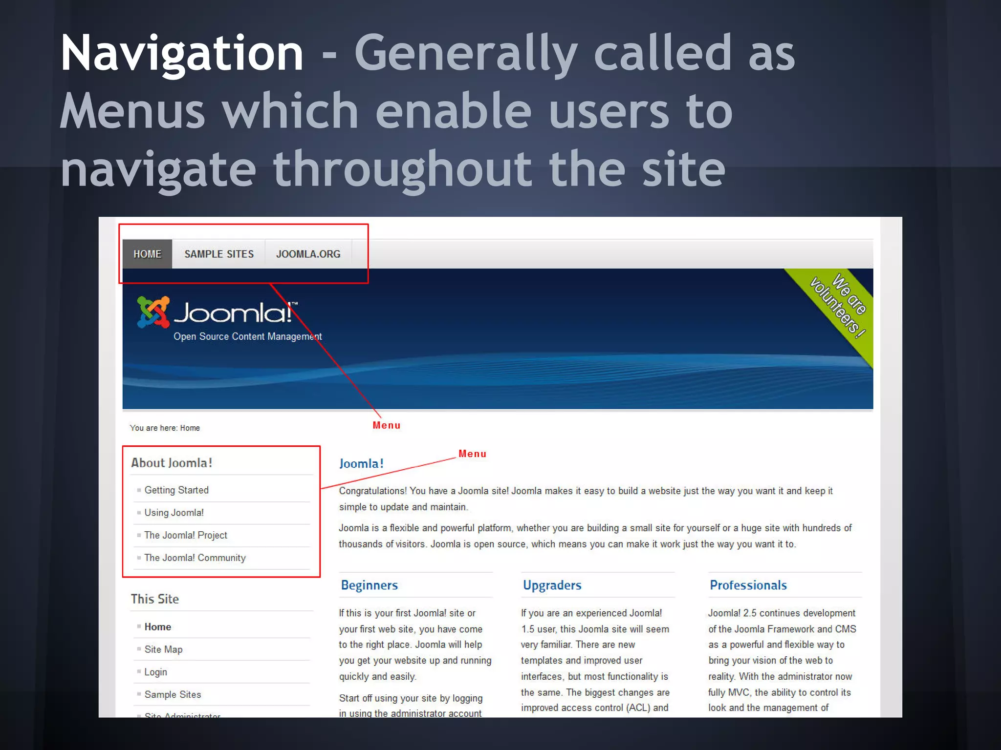 Navigation - Generally called as
Menus which enable users to
navigate throughout the site
 