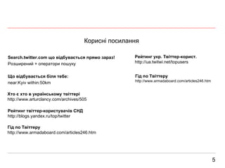 Корисні посилання 5 Search.twitter.com що відбувається прямо зараз! Розширений + оператори пошуку Що відбувається біля тебе: near:Kyiv within:50km Хто є хто в українському твіттері http://www.arturclancy.com/archives/505 Рейтинг твіттер-користувачів СНД http://blogs.yandex.ru/top/twitter Гід по Твіттеру http://www.armadaboard.com/articles246.htm Рейтинг укр. Т віттер-корист. http://ua.twitwi.net/topusers Гід по Твіттеру http://www.armadaboard.com/articles246.htm 