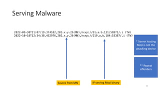 Serving Malware
2022-08-30T11:07:19.374102,202.x.y.26(MN),hxxp://61.a.b.131:58871/.i (TW)
2022-10-18T12:34:38.452976,202.x...