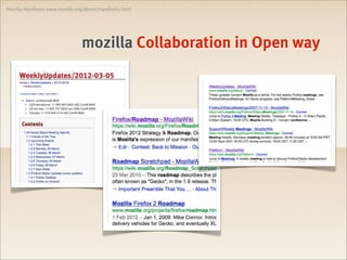 Mozilla Manifesto www.mozilla.org/about/manifesto.html




                                mozilla Collaboration in Open way
 