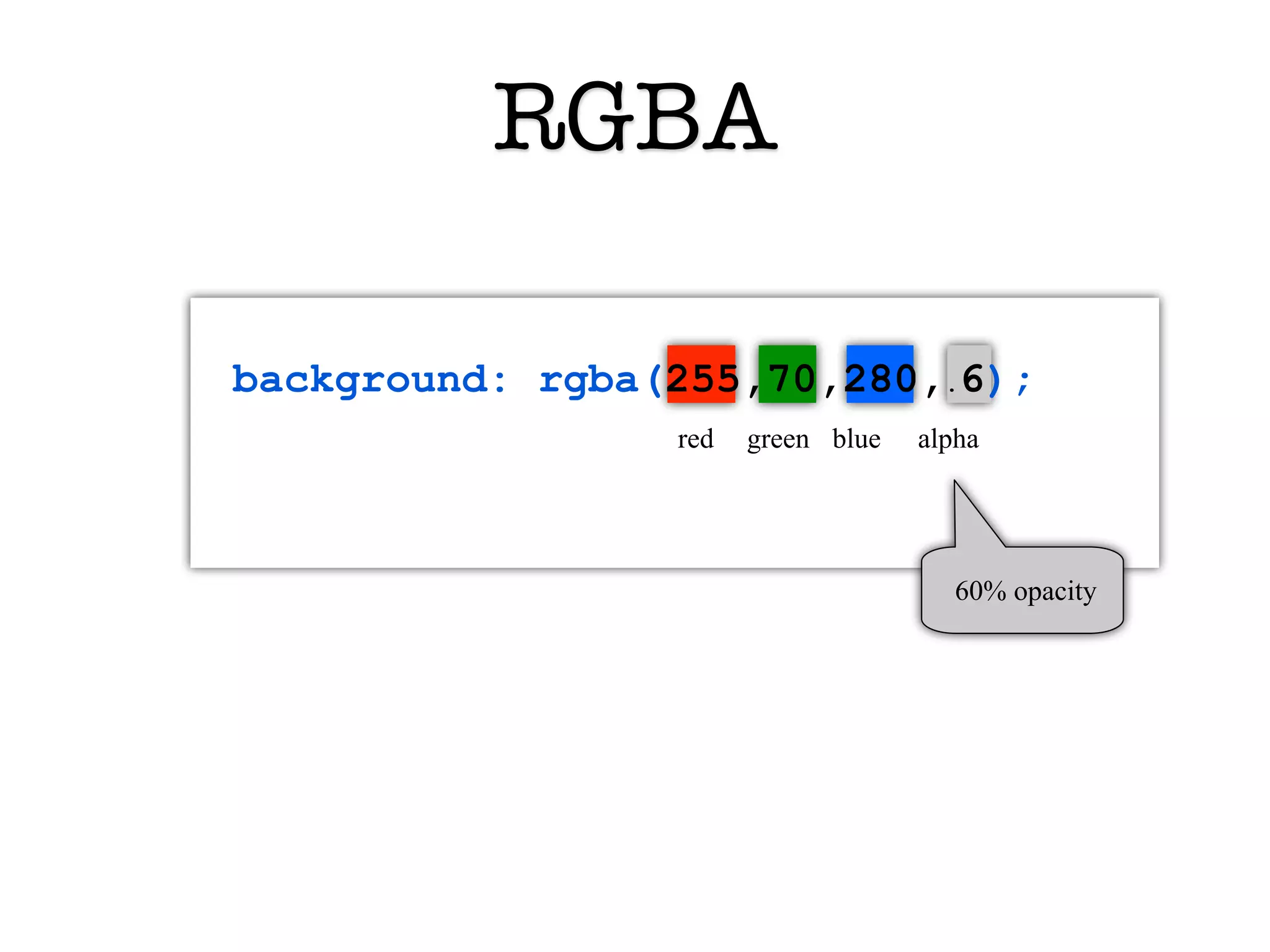 RGBA

background: rgba(255,70,280,.6);
                 red   green blue   alpha




                                       60% opacity
 