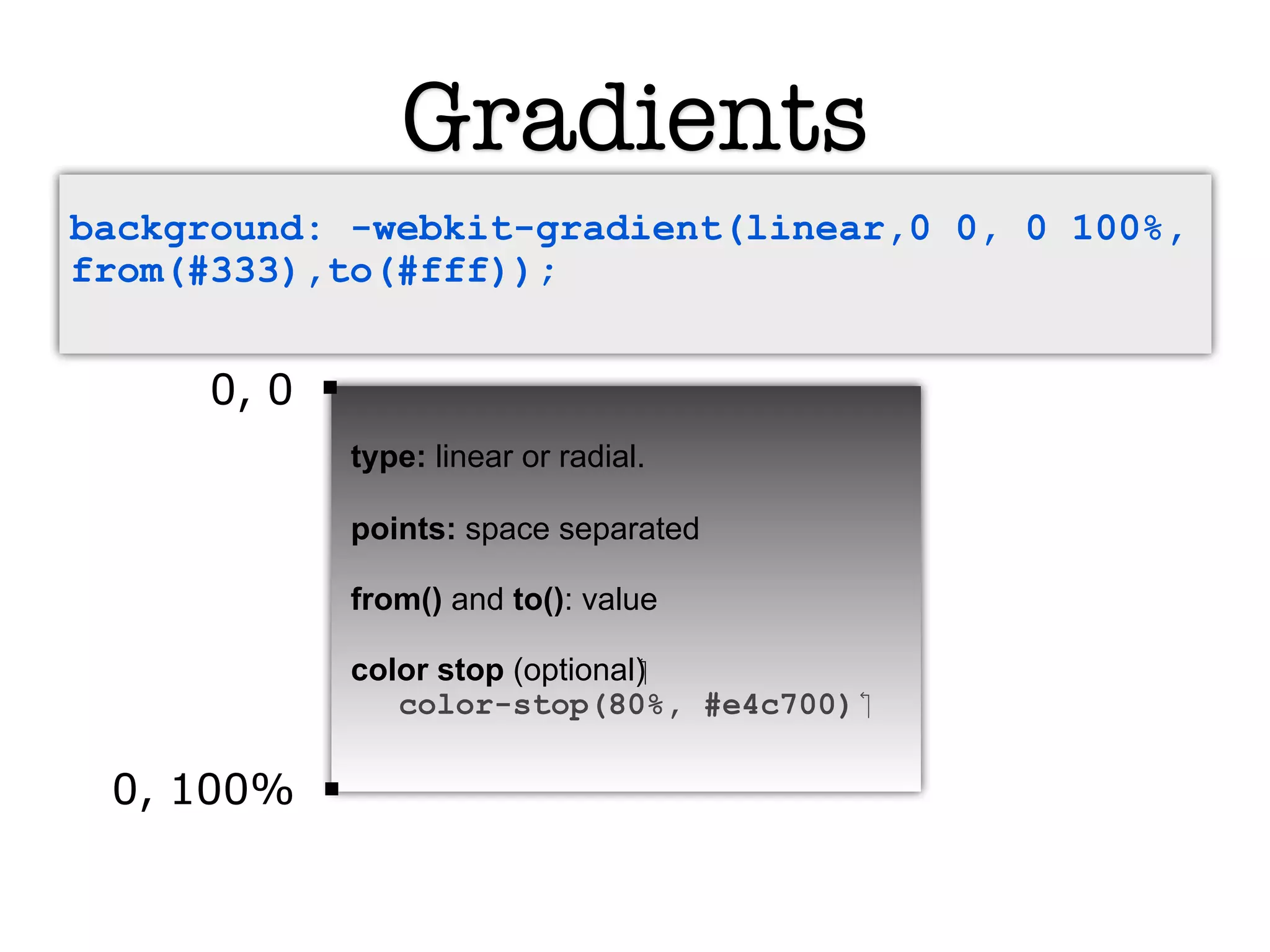 Gradients
background: -webkit-gradient(linear,0 0, 0 100%,
from(#333),to(#fff));


     0, 0
            type: linear or radial.

            points: space separated

            from() and to(): value

            color stop (optional)‫‏‬
               color-stop(80%, #e4c700)‫‏‬

 0, 100%
 