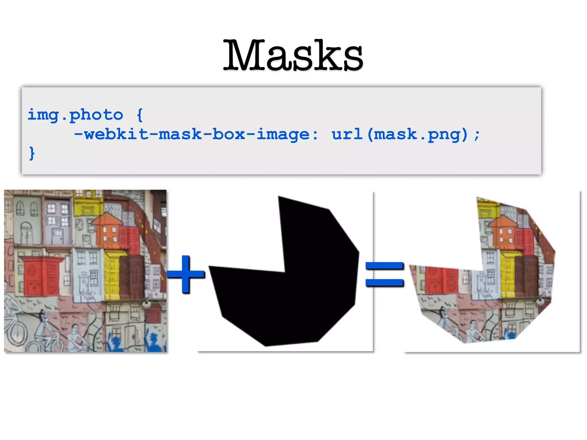 Masks
img.photo {
    -webkit-mask-box-image: url(mask.png);
}




            +                 =
 