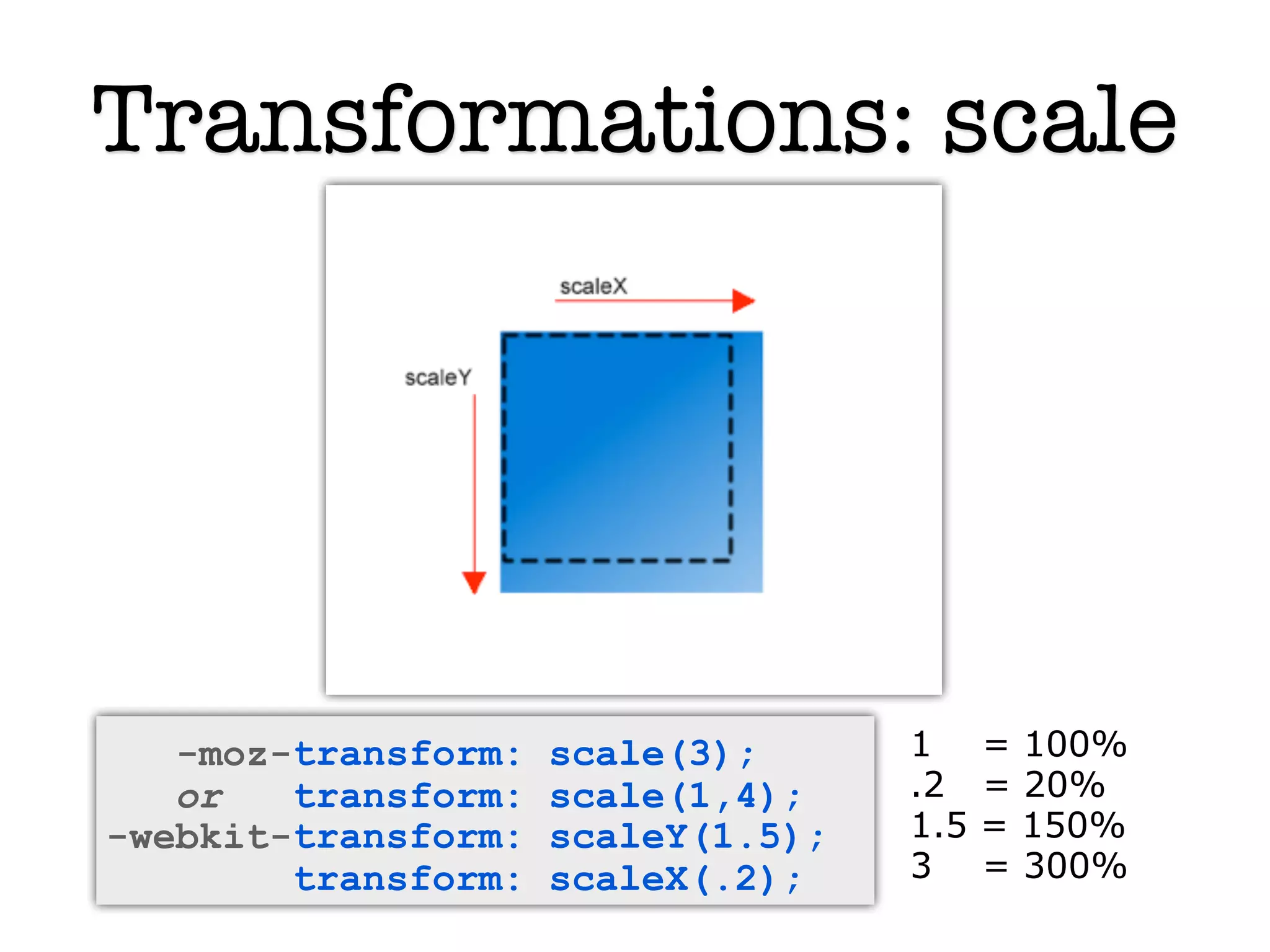 Transformations: scale




   -moz-transform:   scale(3);      1     = 100%
   or   transform:   scale(1,4);    .2    = 20%
-webkit-transform:   scaleY(1.5);   1.5   = 150%
        transform:   scaleX(.2);    3     = 300%
 