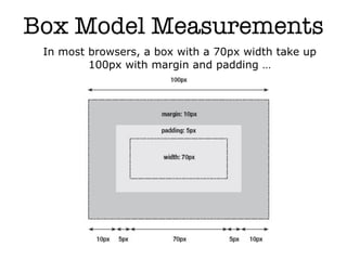 Box Model Measurements‫‏‬
 In most browsers, a box with a 70px width take up
         100px with margin and padding …




                        7
 