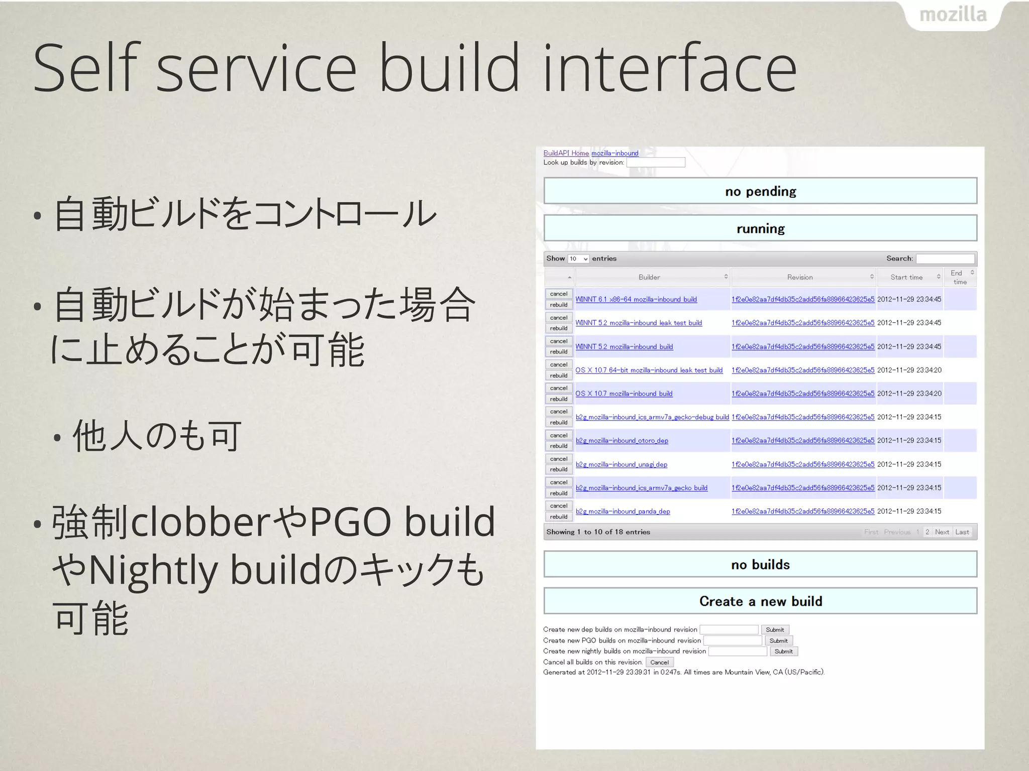 Self service build interface

• 自動ビルドをコントロール

• 自動ビルドが始まった場合
に止めることが可能

• 他人のも可

• 強制clobberやPGO build
やNightly buildのキックも
可能
 