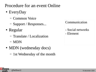 10 december 2020@hellosct1
Procedure for an event Online
●
EveryDay
– Common Voice
– Support / Responses...
●
Regular
– Translate / Localization
– MDN
●
MDN (wednesday docs)
– 1st Wednesday of the month
Communication
- Social networks
- Element
 