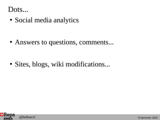 10 december 2020@hellosct1
Dots...
●
Social media analytics
●
Answers to questions, comments...
●
Sites, blogs, wiki modifications...
 