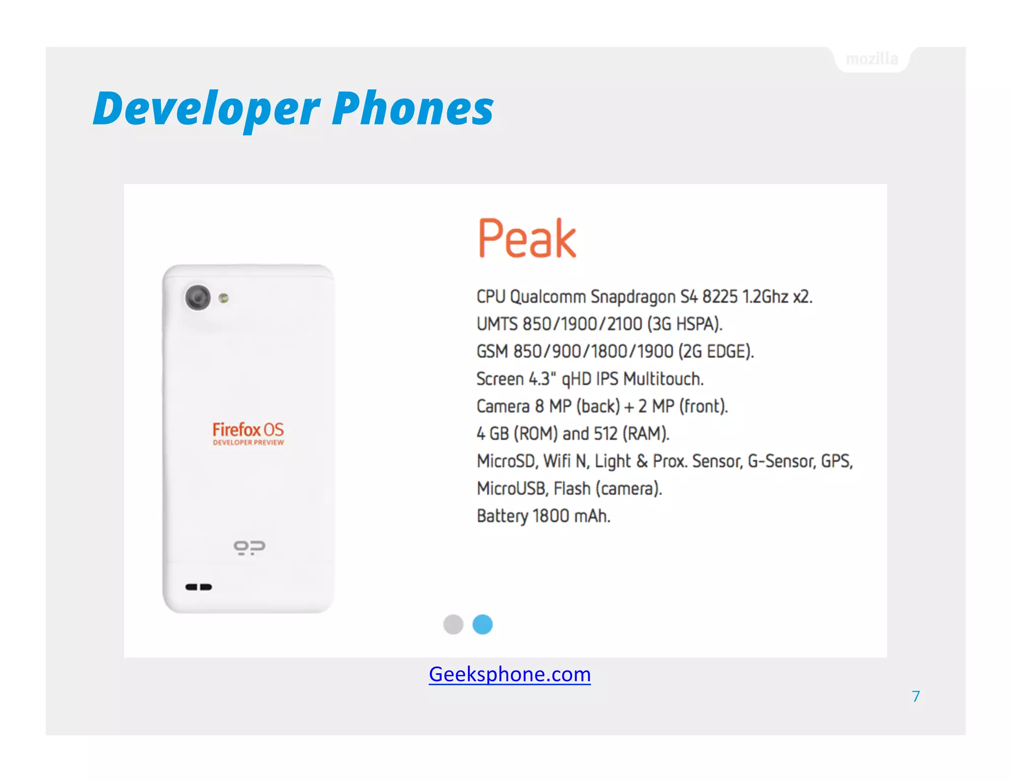 Three levels of access…
Hosted apps - stored on your server, easy to
upgrade, limited access.
Privileged apps - reviewed by the App
store, uses a Content Security Policy, hosted
on trusted server
Certified apps - part of the OS, only by Mozilla
and partners
7
 