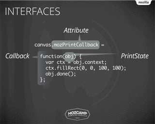 INTERFACES
                     Attribute

           canvas.mozPrintCallback =

Callback    function(obj) {              PrintState
              var ctx = obj.context;
              ctx.fillRect(0, 0, 100, 100);
              obj.done();
            };
 