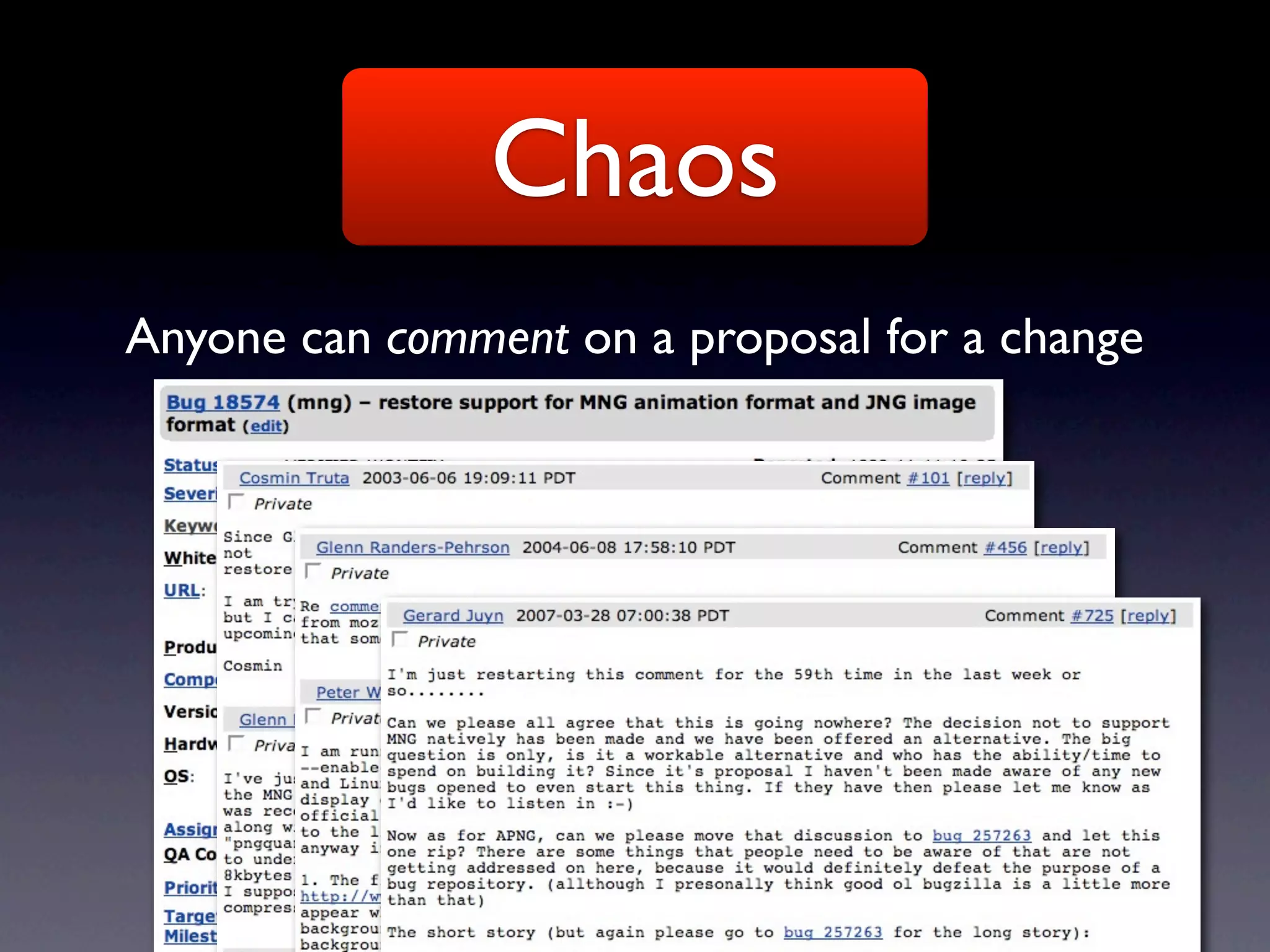 Chaos
Anyone can comment on a proposal for a change
 