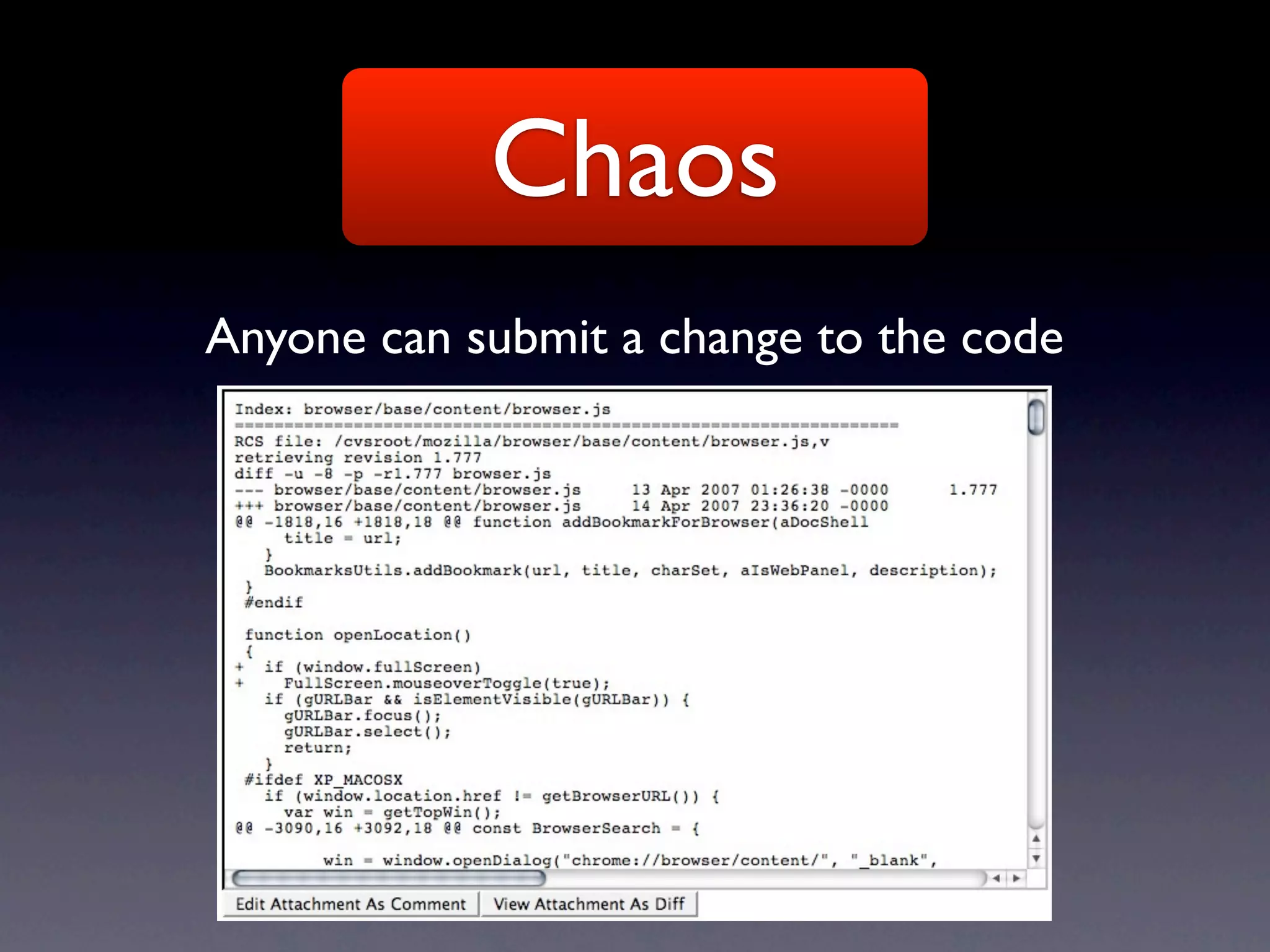 Chaos
Anyone can submit a change to the code
 