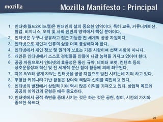 Mozilla Manifesto : Principal

1. 인터넷(월드와이드웹)은 현대인의 삶의 중요한 영역이다. 특히 교육, 커뮤니케이션,
    협업, 비지니스, 오락 및 사회 전반의 영역에서 핵심 분야이다.
2....