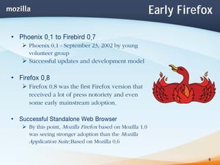 Early Firefox

• Phoenix 0.1 to Firebird 0.7
      Phoenix 0.1 - September 23, 2002 by young
      volunteer group
      S...