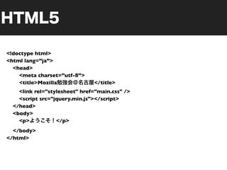 <!doctype html>
<html lang=”ja”>
  <head>
    <meta charset=”utf-8”>
    <title>Mozilla             </title>
    <link rel="stylesheet" href="main.css" />
    <script src="jquery.min.js"></script>
  </head>
  <body>
    <p>           </p>
  </body>
</html>
 