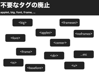 <big>                         <frameset>

                      <applet>               <noframes>
<font>
                                 <center>

       <frame>
                            <dir>                 ...etc

<tt>
                                            <u>
               <basefont>
 