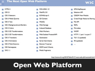 W3C




         http://www.w3.org/2010/Talks/0117-next-web-plh/nextweb.html




Open Web Platform
 
