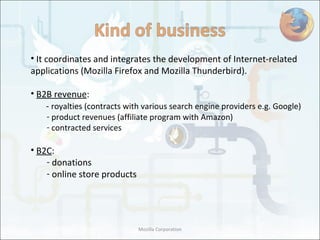 It  coordinates and integrates the development of Internet-related applications  ( Mozilla Firefox and  M ozilla Thunderbird ). B2B revenue :   -  royalties (contracts with various search engine providers e.g. Google) product revenues (affiliate program with Amazon) contracted services B2C : donations online store products Mozilla Corporation 