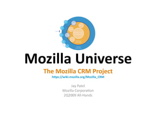 Mozilla Universe 
  The Mozilla CRM Project 
    h6ps://wiki.mozilla.org/Mozilla_CRM 

                Jay Patel 
           Mozilla Corpora0on 
           2Q2009 All‐Hands 
 