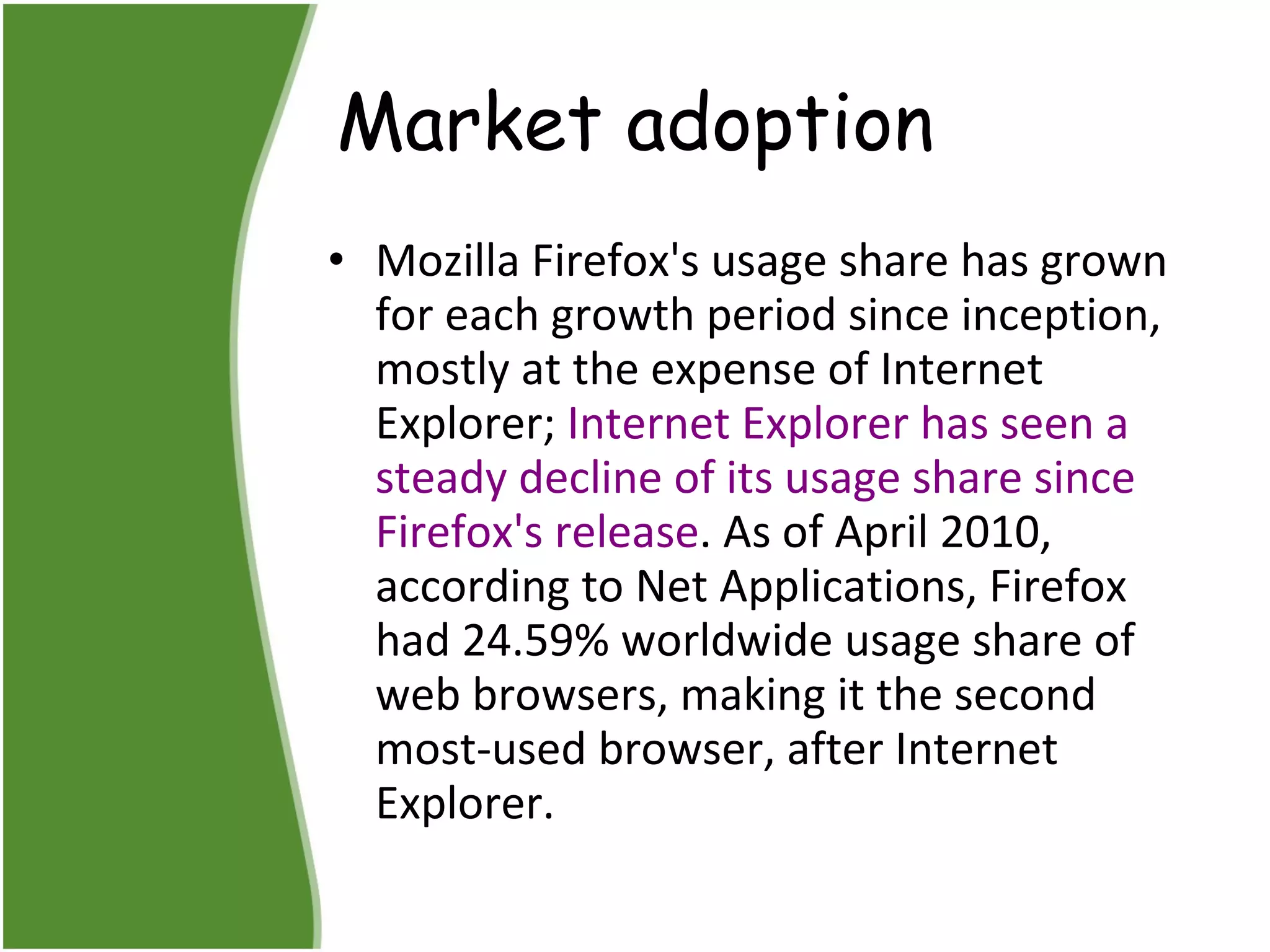 Market adoption Mozilla Firefox's usage share has grown for each growth period since inception, mostly at the expense of Internet Explorer;  Internet Explorer has seen a steady decline of its usage share since Firefox's release . As of April 2010, according to Net Applications, Firefox had 24.59% worldwide usage share of web browsers, making it the second most-used browser, after Internet Explorer.  