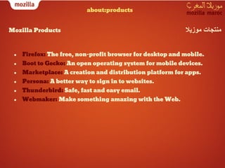 about:products


Mozilla Products                                           ‫ﻣﻧﺗﺟﺎت ﻣوزﯾﻼ‬


 ●   Firefox: The free, non-profit browser for desktop and mobile.
 ●   Boot to Gecko: An open operating system for mobile devices.
 ●   Marketplace: A creation and distribution platform for apps.
 ●   Persona: A better way to sign in to websites.
 ●   Thunderbird: Safe, fast and easy email.
 ●   Webmaker: Make something amazing with the Web.
 