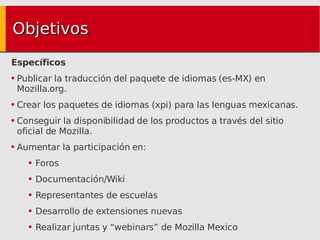 Objetivos Específicos Publicar la traducción del paquete de idiomas (es-MX) en Mozilla.org. Crear los paquetes de idiomas (xpi) para las lenguas mexicanas. Conseguir la disponibilidad de los productos a través del sitio oficial de Mozilla. Aumentar la participación en: Foros Documentación/Wiki Representantes de escuelas Desarrollo de extensiones nuevas Realizar juntas y “webinars” de Mozilla Mexico 