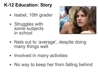 • Isabel, 10th grader
• Struggles with
some subjects
in school
• Nets out to ‘average’, despite doing
many things well
• Involved in many activities
• No way to keep her from falling behind
K-12 Education: Story
 